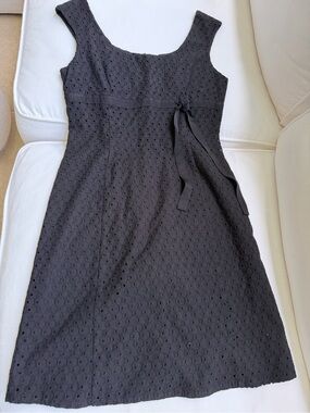 Ann Taylor Black Eyelet A-Line Midi Dress with Waist Tie